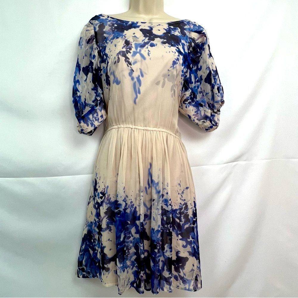 Eci Silk Watercolor floral blue and cream silk dress